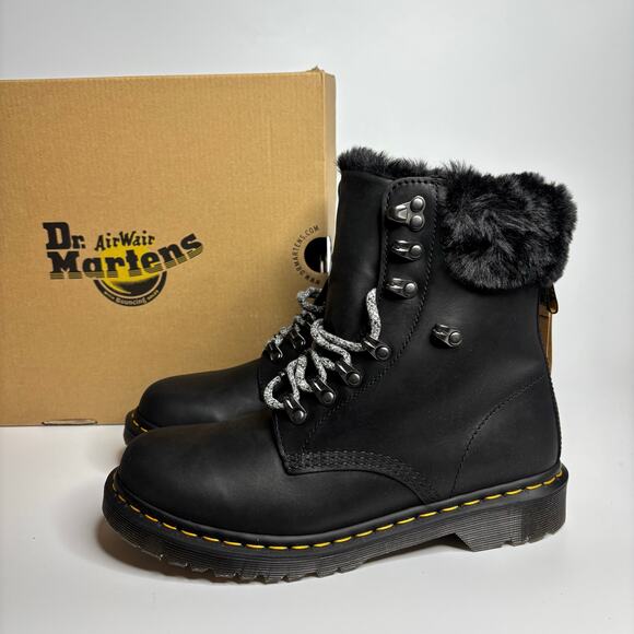 Dr. Martens 1460 Serena Collar Faux Fur Lined Leather Combat Boots in Black - Picture 1 of 10
